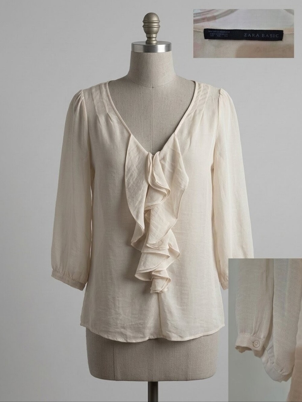 Zara Cream Ruffle V-Neck Blouse with Three-Quarter Sleeves